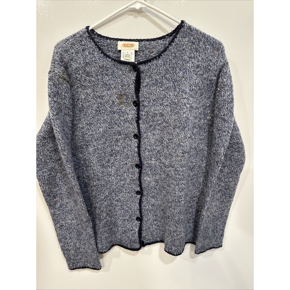 Talbots Cardigan Womens Large  Blue‎ Crochet Trim Button Heathered classic